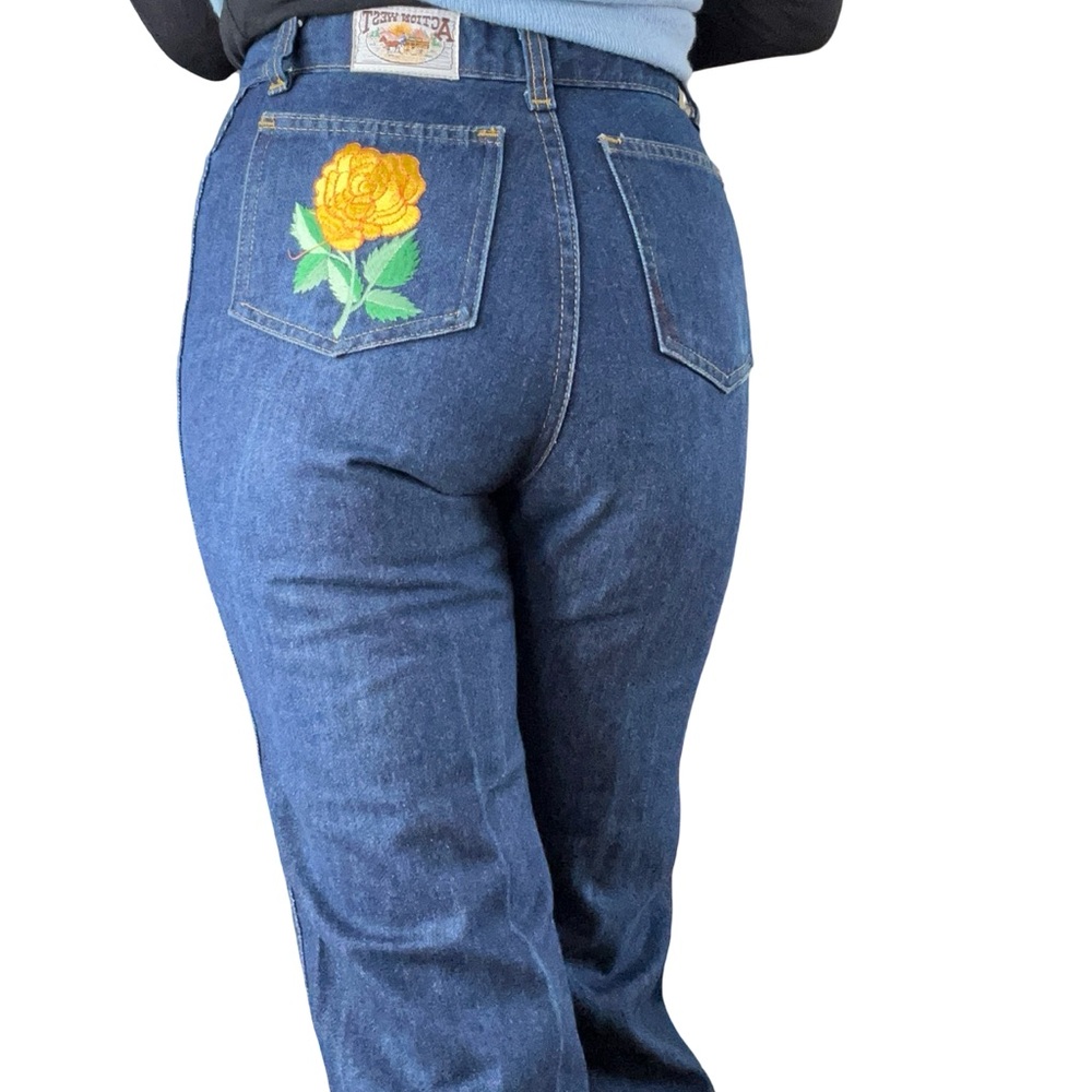Vtg 1978-83 Action West Embroidered Rose High Rise Wide Leg Western Jeans Sz 4